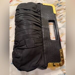BCBG Black Leather Clutch Bag with Gold Trim